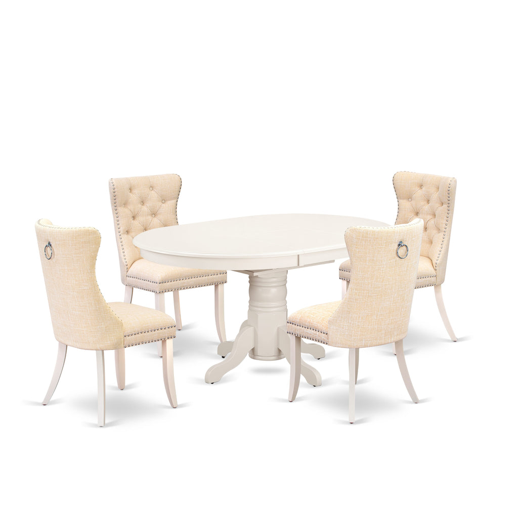 East West Furniture AVDA5-LWH-32 5 Piece Kitchen Table Set Includes an Oval Dining Table with Butterfly Leaf and 4 Upholstered Chairs, 42x60 Inch, linen white