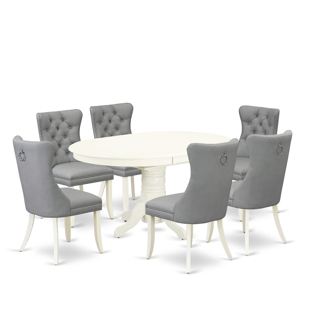 East West Furniture AVDA7-LWH-27 7 Piece Dining Set Consists of an Oval Kitchen Table with Butterfly Leaf and 6 Upholstered Parson Chairs, 42x60 Inch, linen white