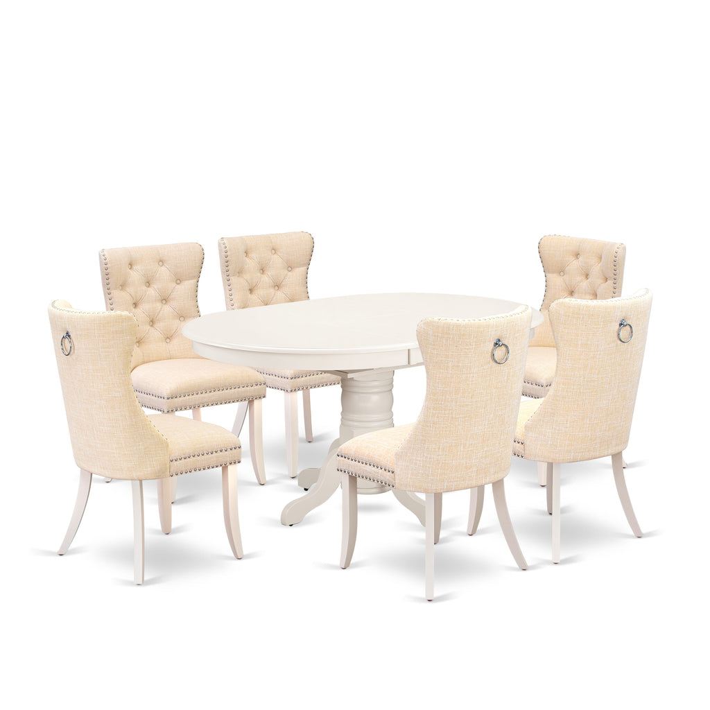 East West Furniture AVDA7-LWH-32 7 Piece Dining Table Set Includes an Oval Kitchen Table with Butterfly Leaf and 6 Upholstered Chairs, 42x60 Inch, linen white