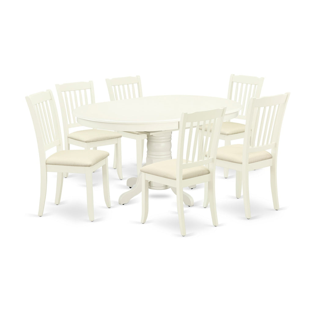 East West Furniture AVDA7-LWH-C 7 Piece Dining Room Table Set Consist of an Oval Kitchen Table with Butterfly Leaf and 6 Linen Fabric Upholstered Dining Chairs, 42x60 Inch, Linen White