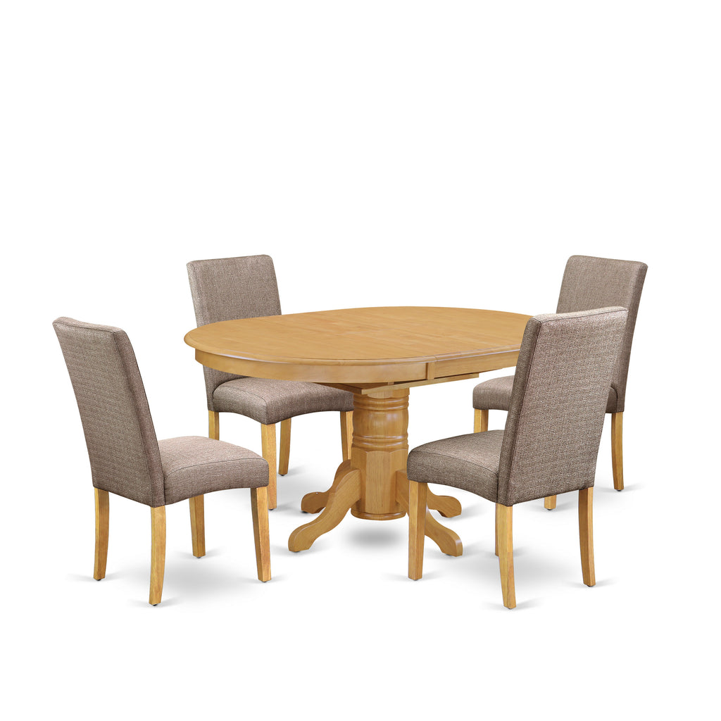 East West Furniture AVDR5-OAK-16 5 Piece Dining Room Table Set Includes an Oval Kitchen Table with Butterfly Leaf and 4 Dark Khaki Linen Fabric Parson Dining Chairs, 42x60 Inch, Oak