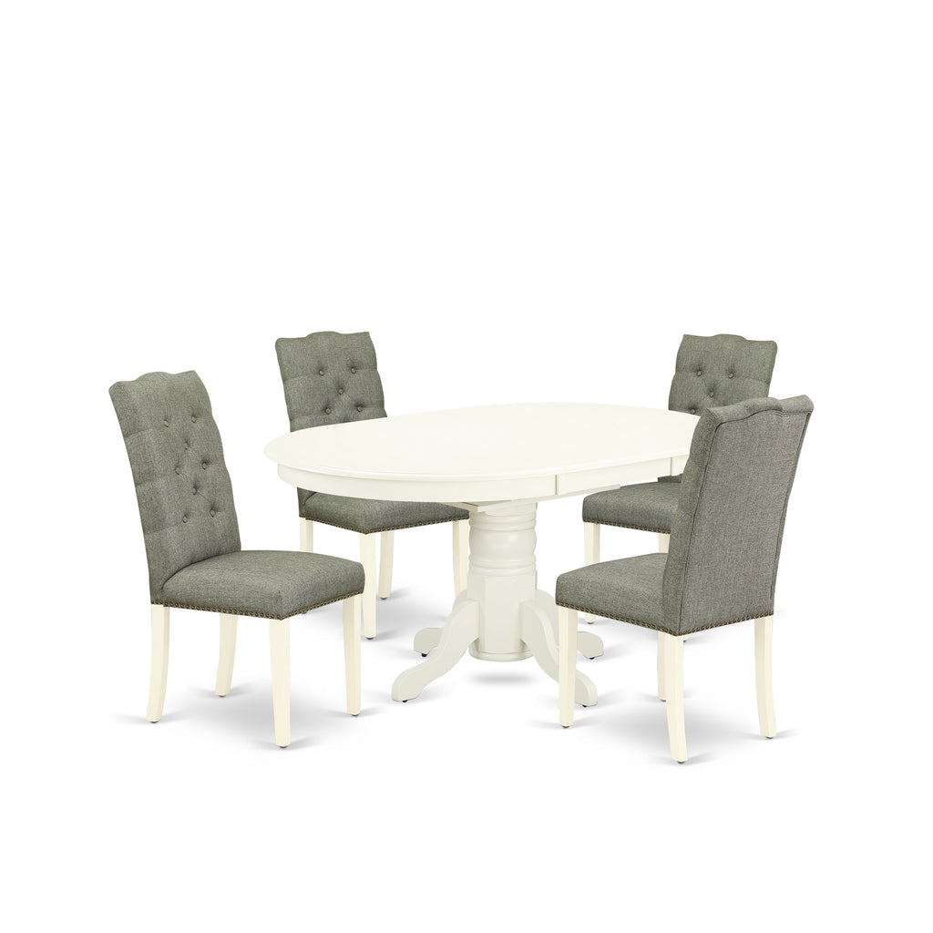 East West Furniture AVEL5-LWH-07 5 Piece Modern Dining Table Set Includes an Oval Wooden Table with Butterfly Leaf and 4 Gray Linen Fabric Upholstered Chairs, 42x60 Inch, Linen White