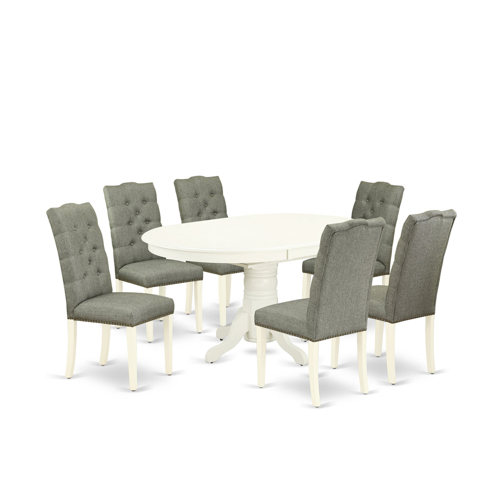 East West Furniture AVEL7-LWH-07 7 Piece Modern Dining Table Set Consist of an Oval Wooden Table with Butterfly Leaf and 6 Gray Linen Fabric Parsons Dining Chairs, 42x60 Inch, Linen White