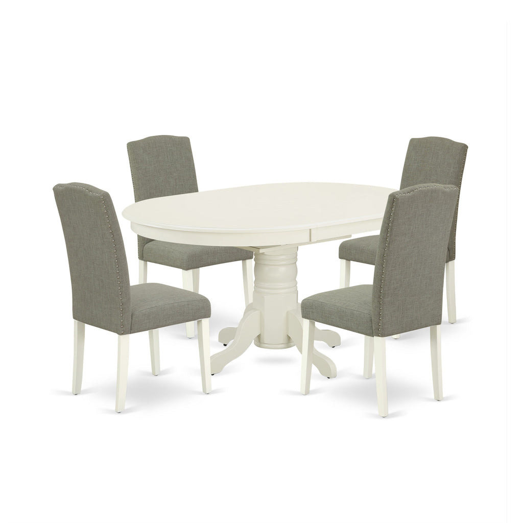 East West Furniture AVEN5-LWH-06 5 Piece Modern Dining Table Set Includes an Oval Wooden Table with Butterfly Leaf and 4 Dark Shitake Linen Fabric Parson Chairs, 42x60 Inch, Linen White