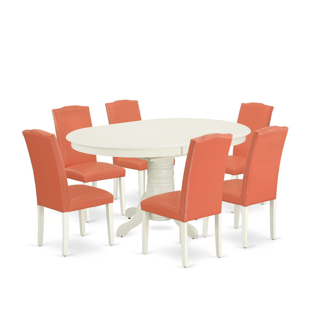 East West Furniture AVEN7-LWH-78 7 Piece Dinette Set Consist of an Oval Dining Room Table with Butterfly Leaf and 6 Pink Flamingo Faux Leather Upholstered Chairs, 42x60 Inch, Linen White