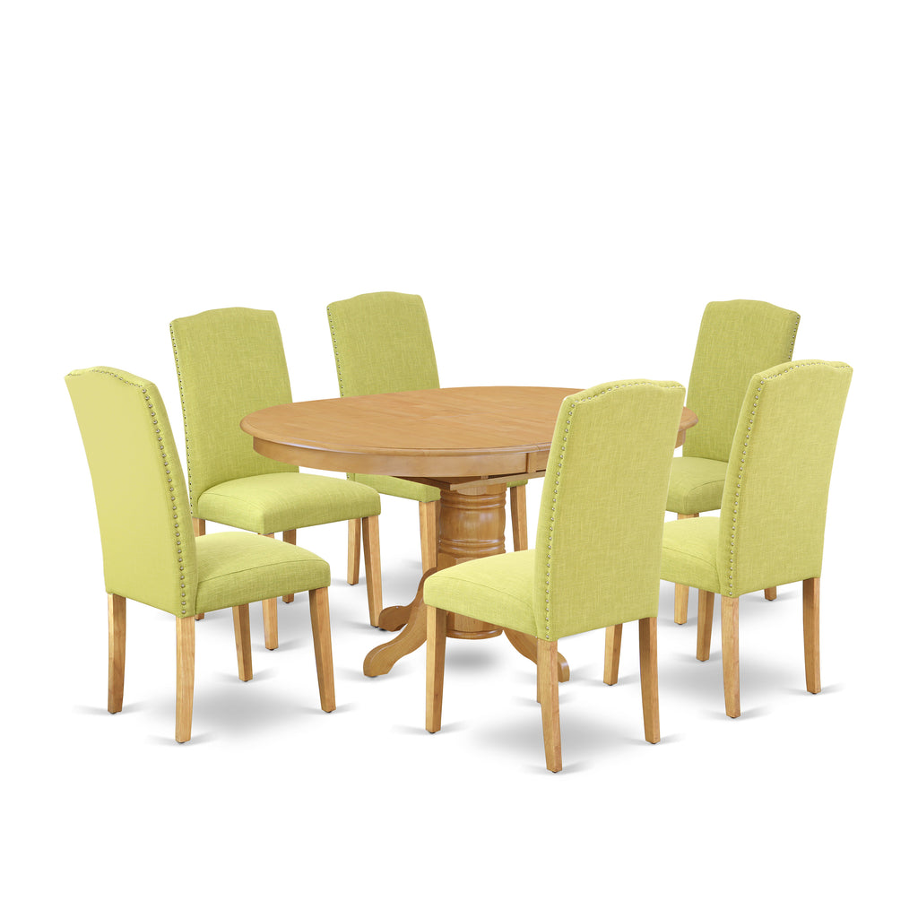 East West Furniture AVEN7-OAK-07 7 Piece Dining Room Furniture Set Consist of an Oval Wooden Table with Butterfly Leaf and 6 Limelight Linen Fabric Parson Chairs, 42x60 Inch, Oak