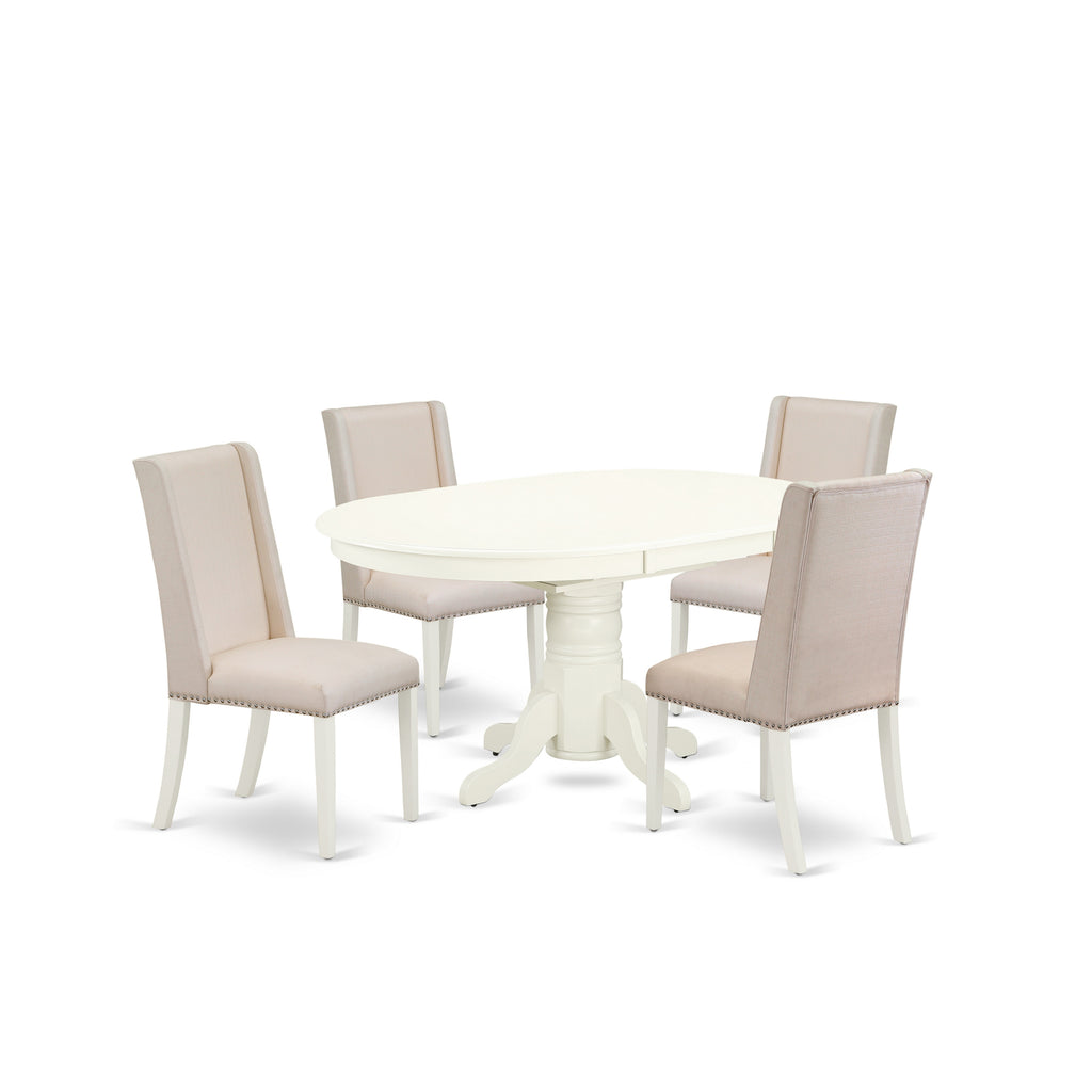 East West Furniture AVFL5-LWH-01 5 Piece Dining Table Set for 4 Includes an Oval Kitchen Table with Butterfly Leaf and 4 Cream Linen Fabric Parson Dining Chairs, 42x60 Inch, Linen White