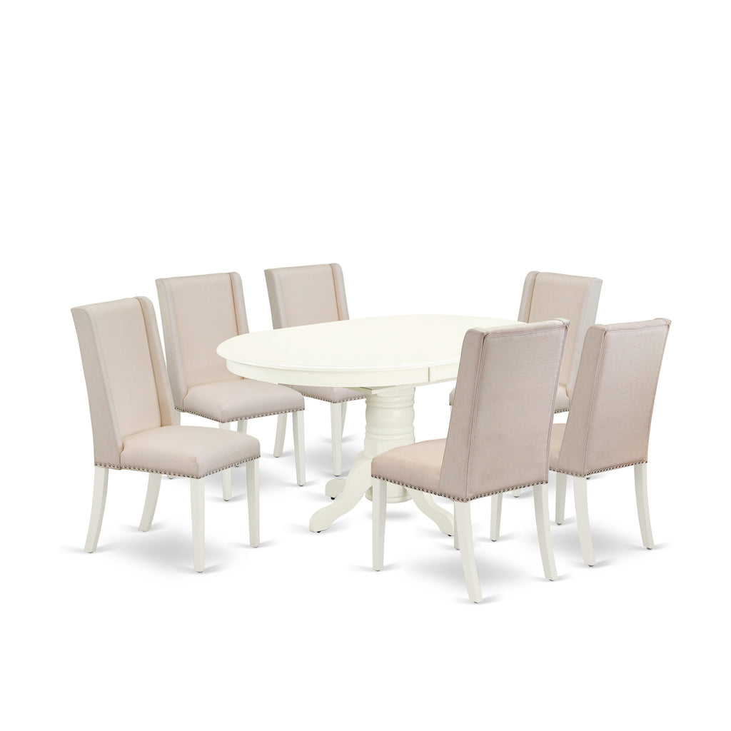 East West Furniture AVFL7-LWH-01 7 Piece Dining Set Consist of an Oval Dining Room Table with Butterfly Leaf and 6 Cream Linen Fabric Upholstered Parson Chairs, 42x60 Inch, Linen White