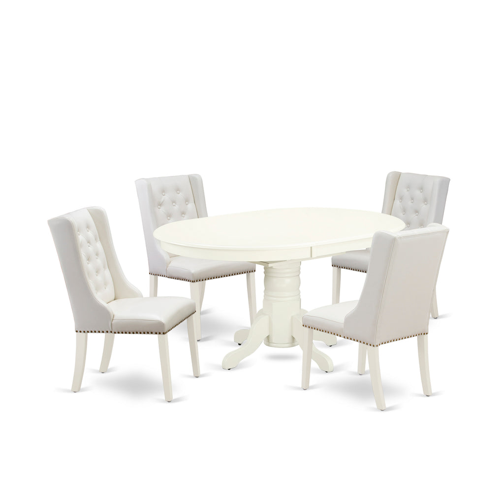 East West Furniture AVFO5-LWH-44 5 Piece Dining Table Set Includes an Oval Kitchen Table with Butterfly Leaf and 4 Light grey Faux Leather Upholstered Chairs, 42x60 Inch, Linen White