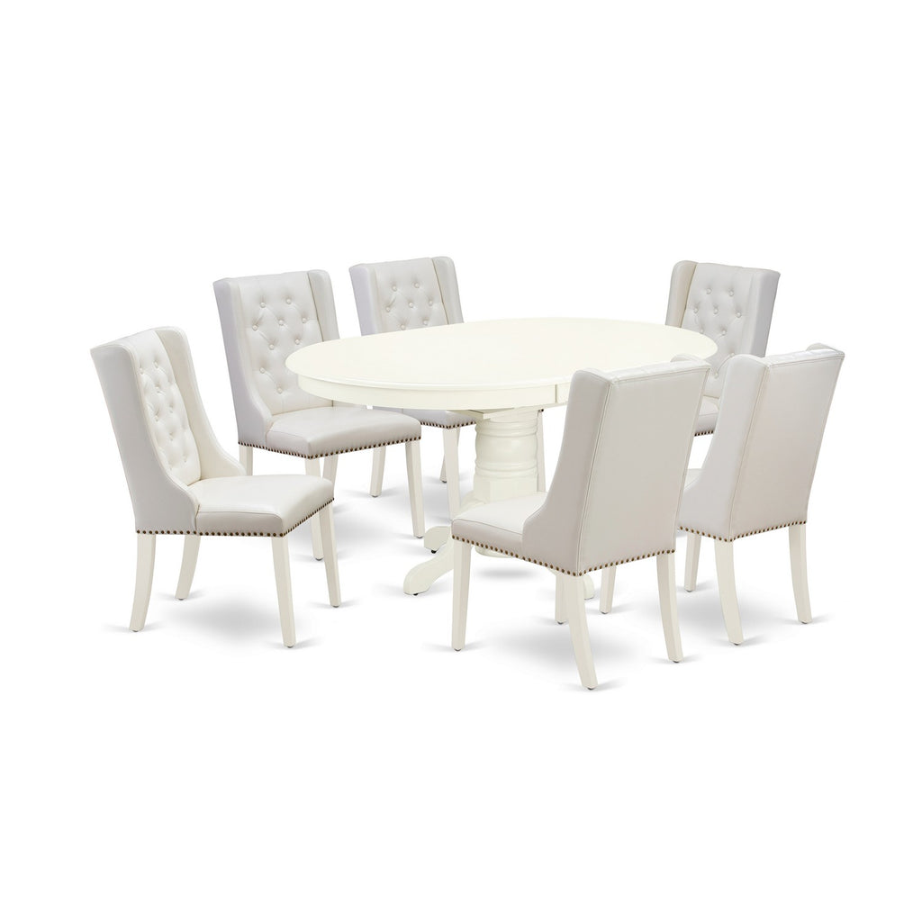 East West Furniture AVFO7-LWH-44 7 Piece Dining Set Consist of an Oval Dining Room Table with Butterfly Leaf and 6 Light grey Faux Leather Upholstered Chairs, 42x60 Inch, Linen White