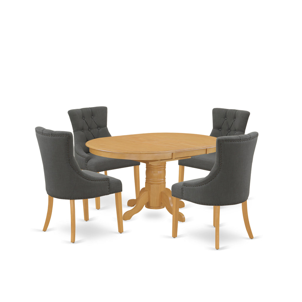 East West Furniture AVFR5-OAK-20 5 Piece Dining Room Table Set Includes an Oval Wooden Table with Butterfly Leaf and 4 Dark Gotham Linen Fabric Upholstered Chairs, 42x60 Inch, Oak