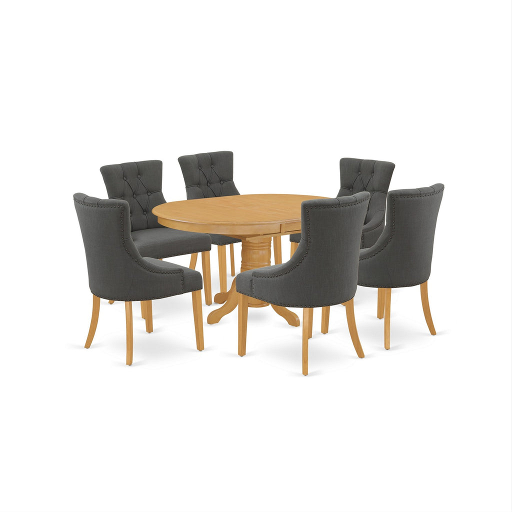 East West Furniture AVFR7-OAK-20 7 Piece Dinette Set Consist of an Oval Dining Room Table with Butterfly Leaf and 6 Dark Gotham Linen Fabric Upholstered Chairs, 42x60 Inch, Oak