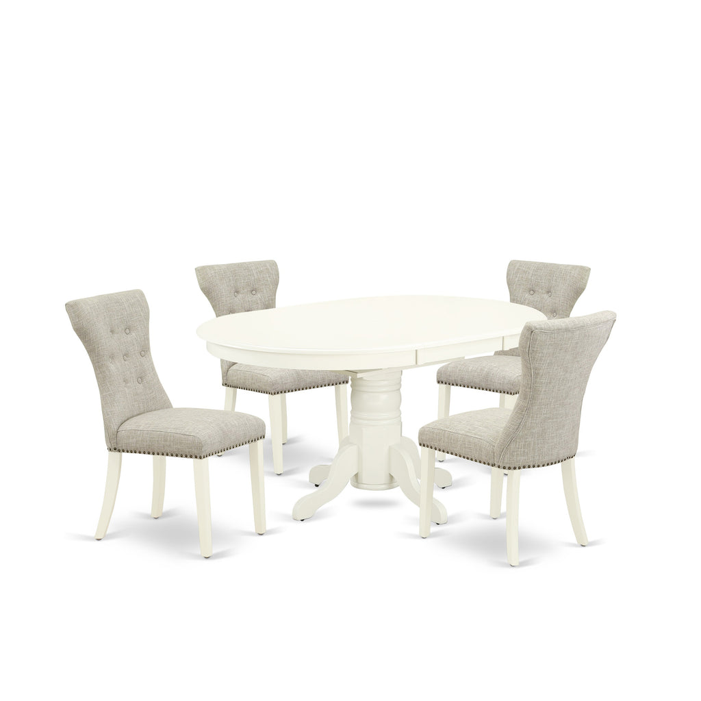 East West Furniture AVGA5-LWH-35 5 Piece Dinette Set for 4 Includes an Oval Dining Room Table with Butterfly Leaf and 4 Doeskin Linen Fabric Upholstered Chairs, 42x60 Inch, Linen White