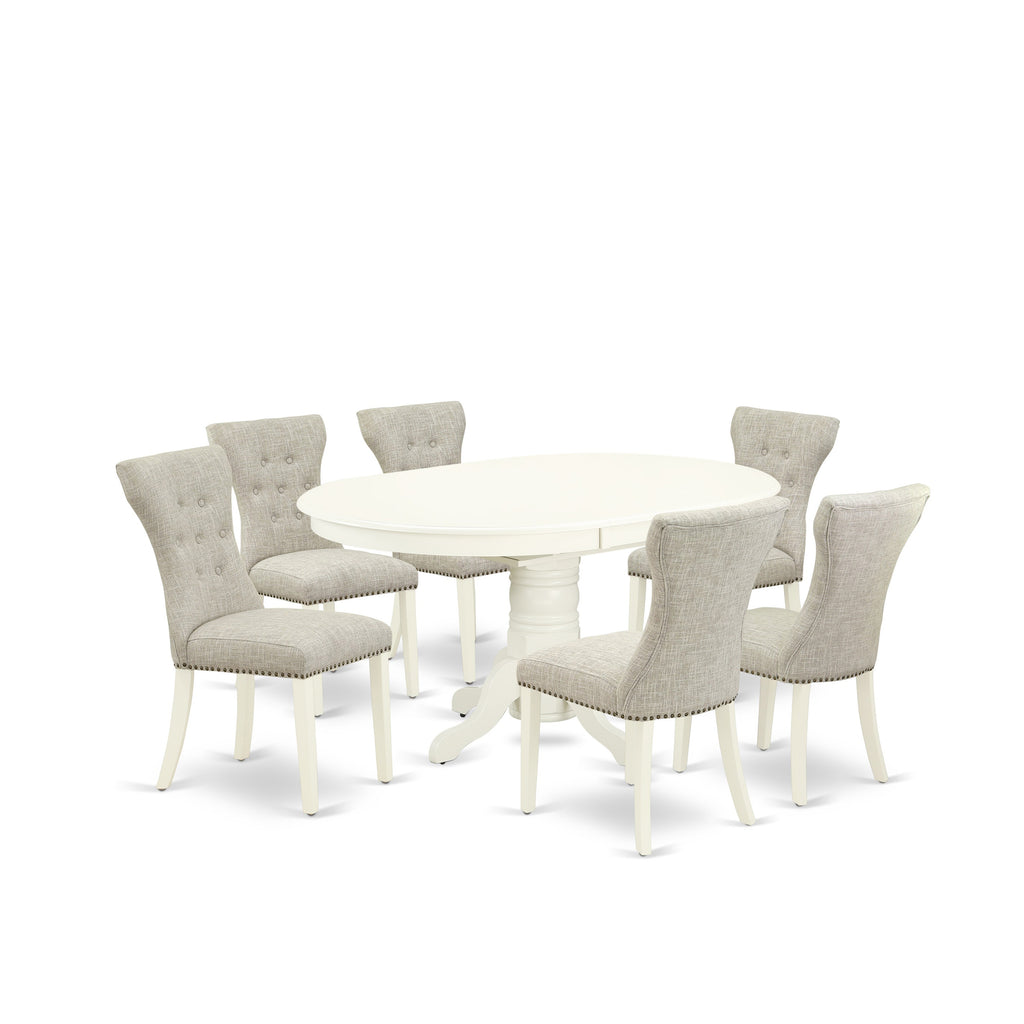 East West Furniture AVGA7-LWH-35 7 Piece Dining Room Furniture Set Consist of an Oval Wooden Table with Butterfly Leaf and 6 Doeskin Linen Fabric Parson Chairs, 42x60 Inch, Linen White
