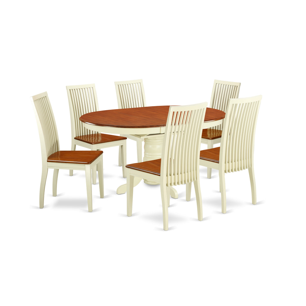 East West Furniture AVIP7-BMK-W 7 Piece Kitchen Table & Chairs Set Consist of an Oval Dining Room Table with Butterfly Leaf and 6 Solid Wood Seat Chairs, 42x60 Inch, Buttermilk & Cherry