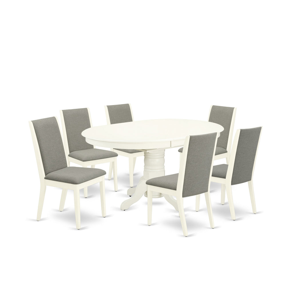 East West Furniture AVLA7-LWH-06 7 Piece Dining Room Furniture Set Consist of an Oval Wooden Table with Butterfly Leaf and 6 Shitake Linen Fabric Parson Chairs, 42x60 Inch, Linen White