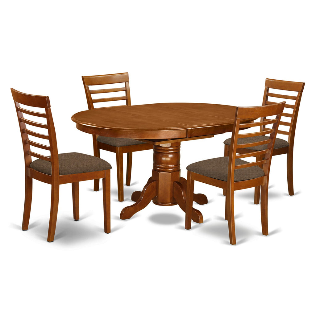East West Furniture AVML5-SBR-C 5 Piece Dinette Set for 4 Includes an Oval Dining Room Table with Butterfly Leaf and 4 Linen Fabric Upholstered Dining Chairs, 42x60 Inch, Saddle Brown