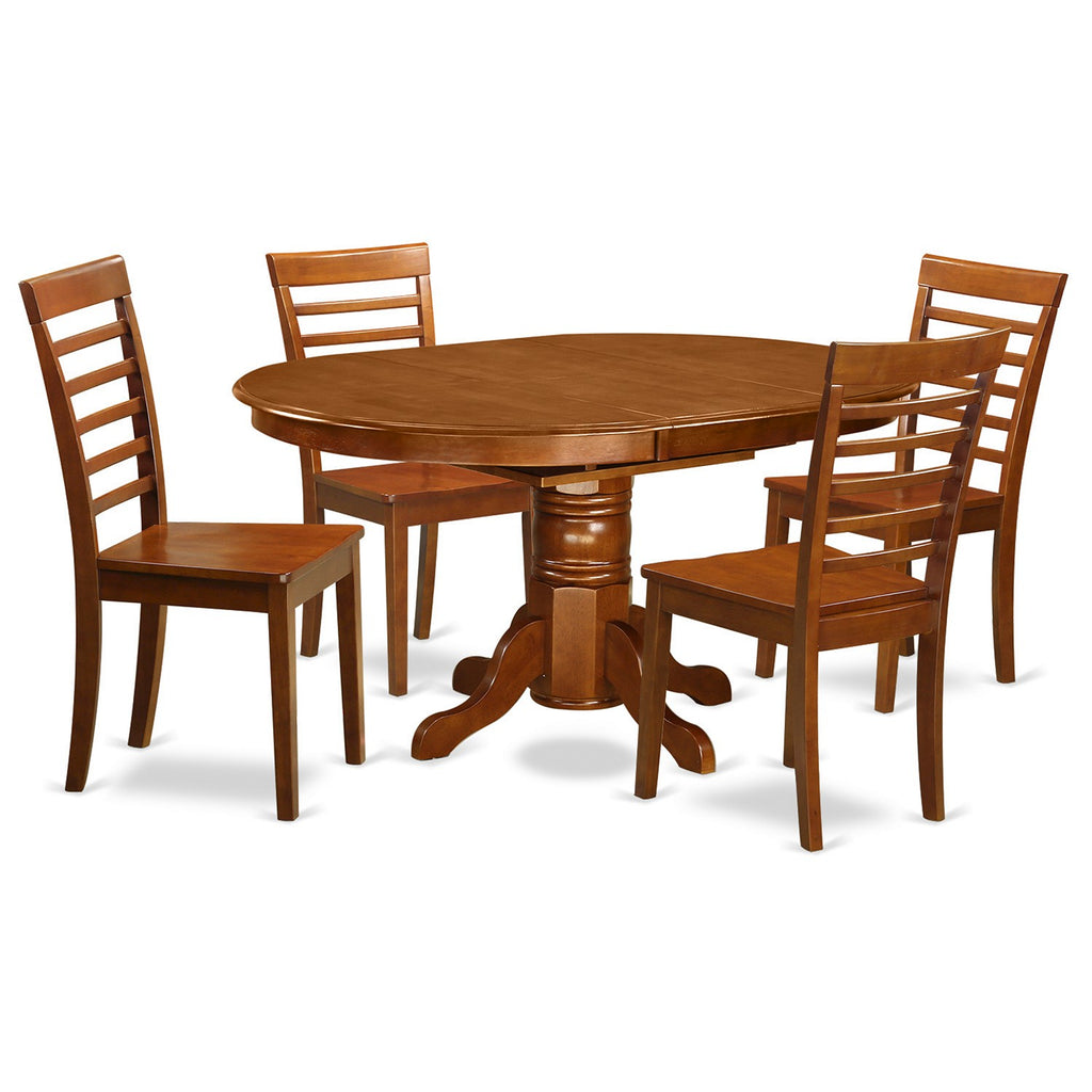 East West Furniture AVML5-SBR-W 5 Piece Dining Room Table Set Includes an Oval Kitchen Table with Butterfly Leaf and 4 Dining Chairs, 42x60 Inch, Saddle Brown