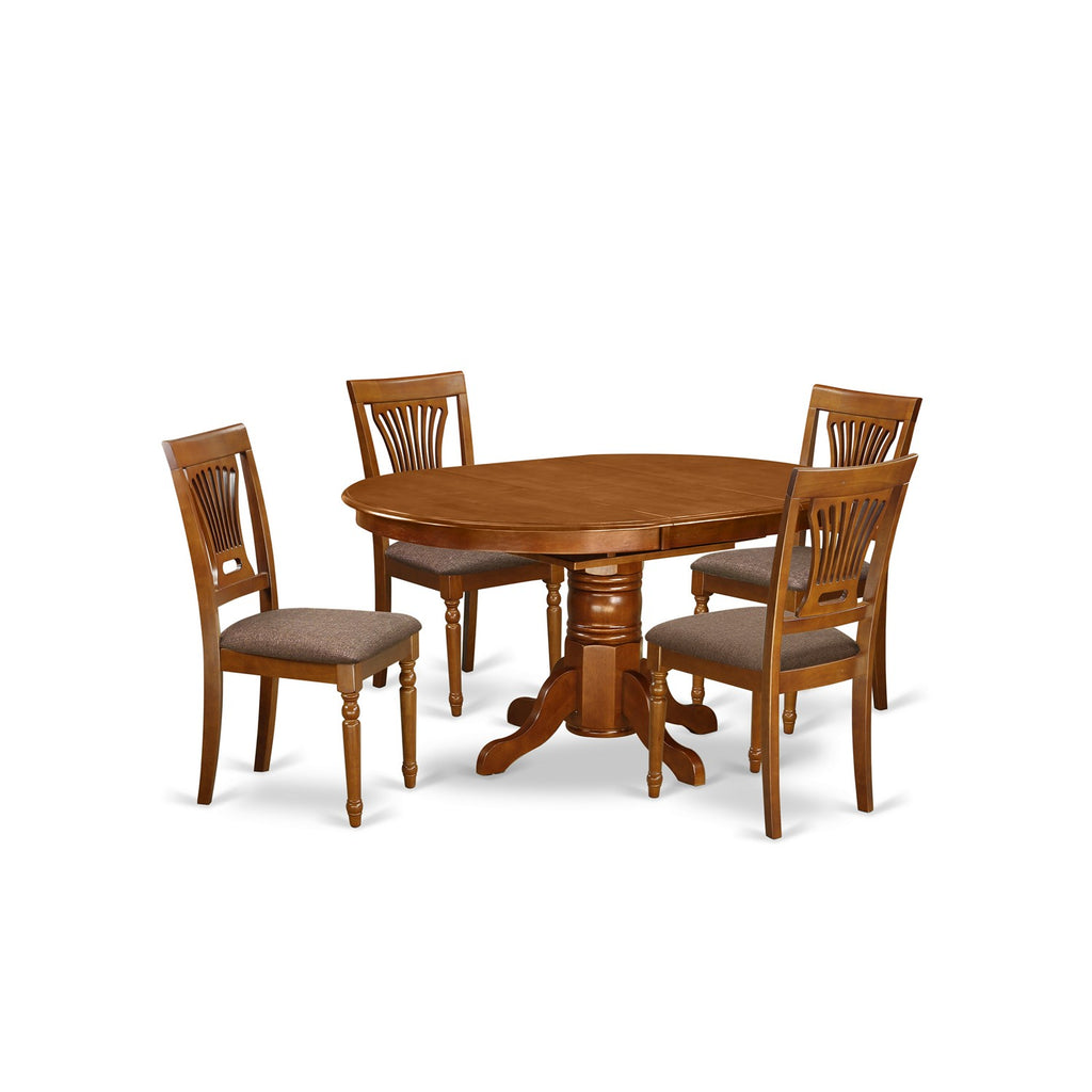 East West Furniture AVPL5-SBR-C 5 Piece Dining Set Includes an Oval Dining Room Table with Butterfly Leaf and 4 Linen Fabric Upholstered Kitchen Chairs, 42x60 Inch, Saddle Brown