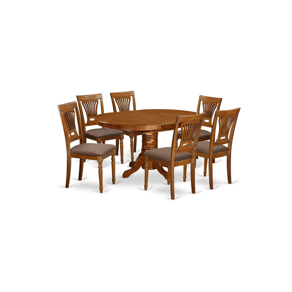 East West Furniture AVPL7-SBR-C 7 Piece Dining Table Set Consist of an Oval Dining Room Table with Butterfly Leaf and 6 Linen Fabric Upholstered Chairs, 42x60 Inch, Saddle Brown