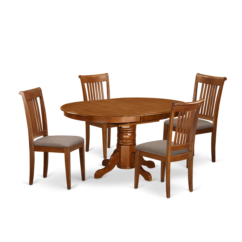East West Furniture AVPO5-SBR-C 5 Piece Dining Set Includes an Oval Dining Room Table with Butterfly Leaf and 4 Linen Fabric Upholstered Kitchen Chairs, 42x60 Inch, Saddle Brown