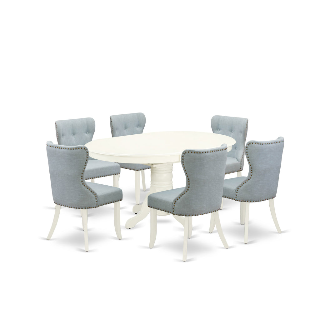 East West Furniture AVSI7-LWH-15 7 Piece Dining Table Set Consist of an Oval Kitchen Table with Butterfly Leaf and 6 Baby Blue Linen Fabric Upholstered Chairs, 42x60 Inch, Linen White