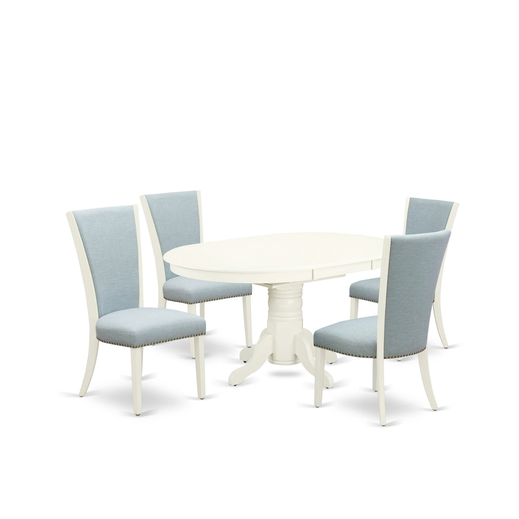 East West Furniture AVVE5-LWH-15 5 Piece Dining Table Set Includes an Oval Kitchen Table with Butterfly Leaf and 4 Baby Blue Linen Fabric Parson Dining Chairs, 42x60 Inch, Linen White