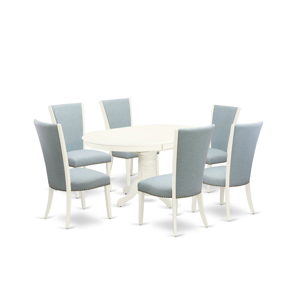 East West Furniture AVVE7-LWH-15 7 Piece Modern Dining Table Set Consist of an Oval Wooden Table with Butterfly Leaf and 6 Baby Blue Linen Fabric Upholstered Chairs, 42x60 Inch, Linen White