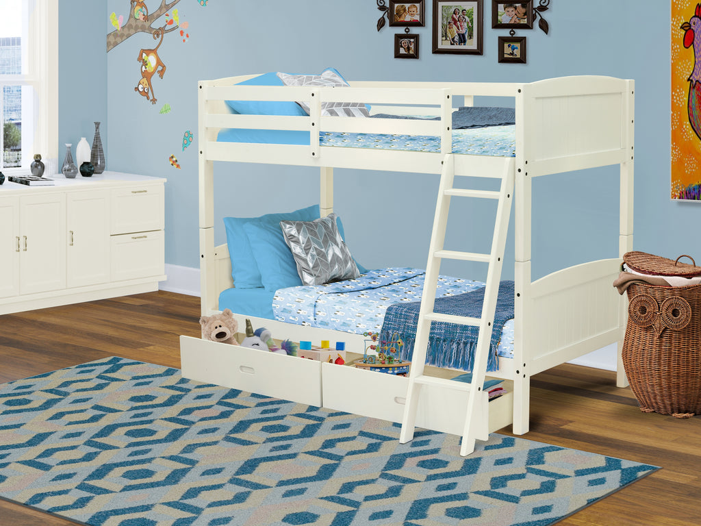 East West Furniture Albury Twin Bunk Bed in White Finish with Under Drawer