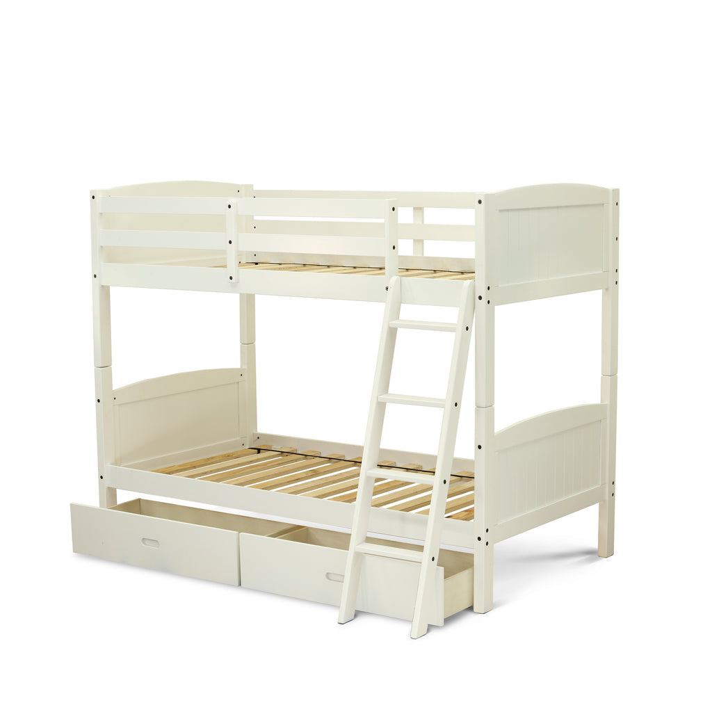East West Furniture Albury Twin Bunk Bed in White Finish with Convertible Trundle & Drawer