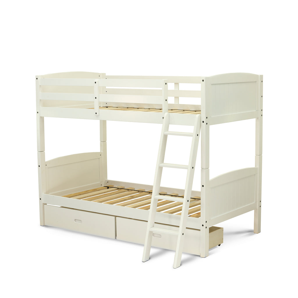 East West Furniture Albury Twin Bunk Bed in White Finish with Under Drawer