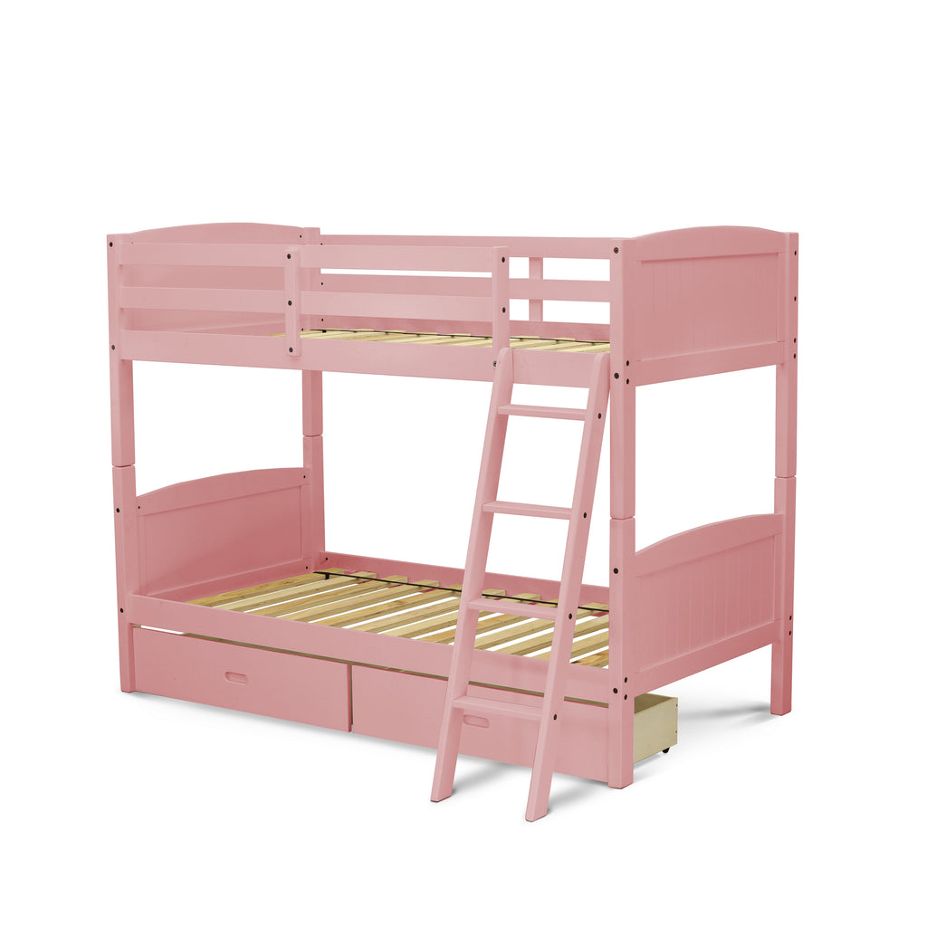 East West Furniture Albury Twin Bunk Bed in Pink Finish with Under Drawer