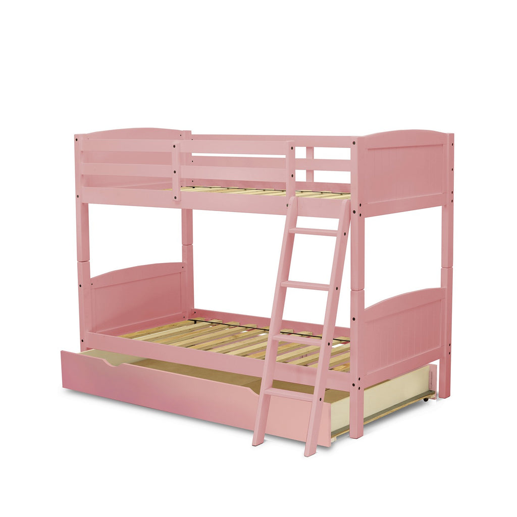 East West Furniture Albury Twin Bunk Bed in Pink Finish with Convertible Trundle & Drawer