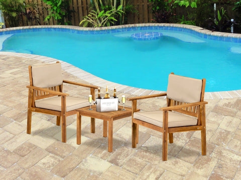 East West Furniture BBI3CNA 3-Piece Bristol Coffee Table Set Includes a Coffee Table and 2 Polyester Fabric Outdoor Patio Chairs Made of Acacia Wood in Natural Oil finish
