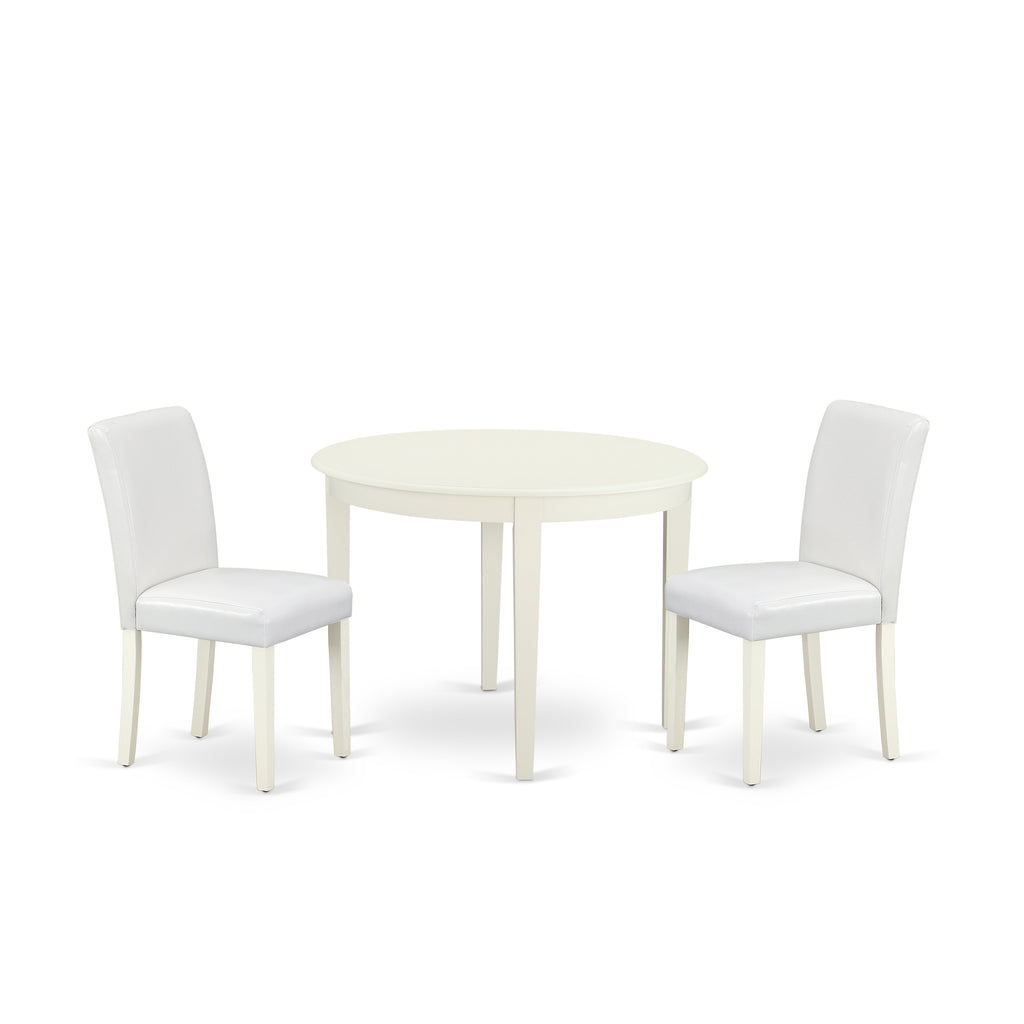 East West Furniture BOAB3-LWH-64 3 Piece Dining Set Contains a Round Kitchen Table and 2 White Faux Leather Parson Dining Room Chairs, 42x42 Inch, Linen White