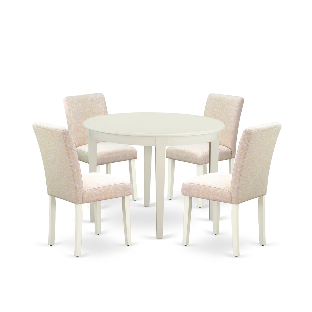 East West Furniture BOAB5-LWH-02 5 Piece Dining Set Includes a Round Kitchen Table and 4 Light Beige Linen Fabric Parsons Dining Chairs, 42x42 Inch, Linen White