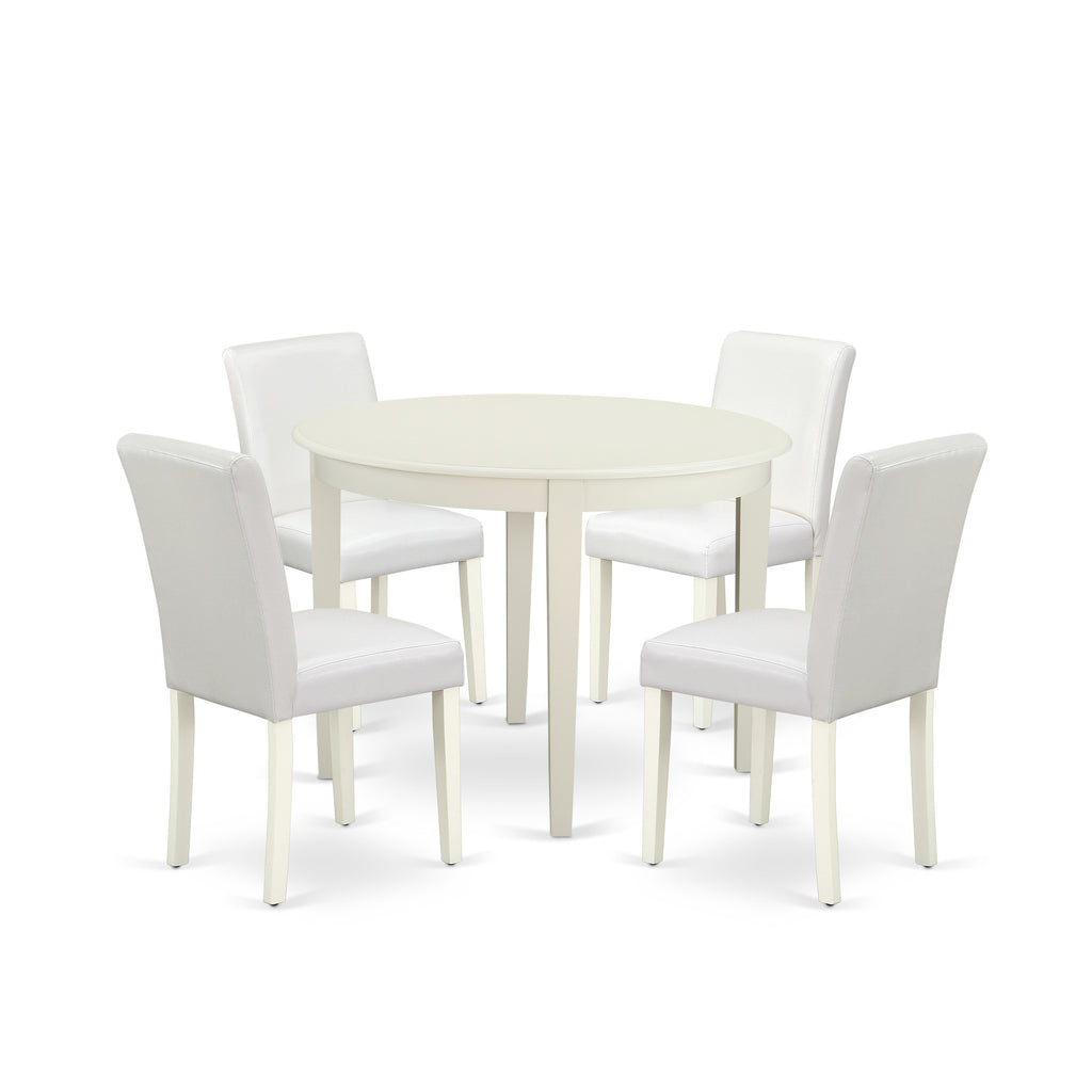 East West Furniture BOAB5-LWH-64 5 Piece Dining Table Set for 4 Includes a Round Kitchen Table and 4 White Faux Leather Upholstered Parson Chairs, 42x42 Inch, Linen White