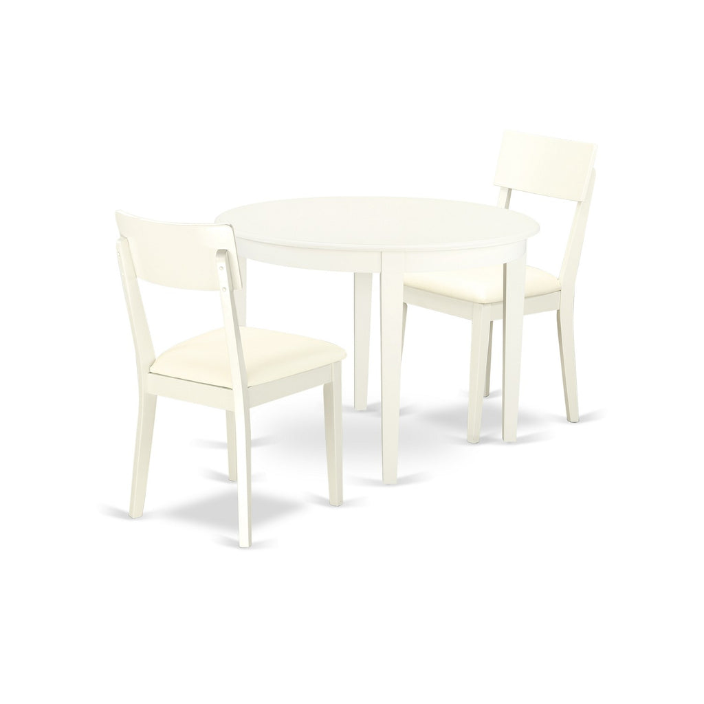 East West Furniture BOAD3-LWH-LC 3 Piece Dining Table Set for Small Spaces Contains a Round Kitchen Table and 2 Faux Leather Kitchen Dining Chairs, 42x42 Inch, Linen White