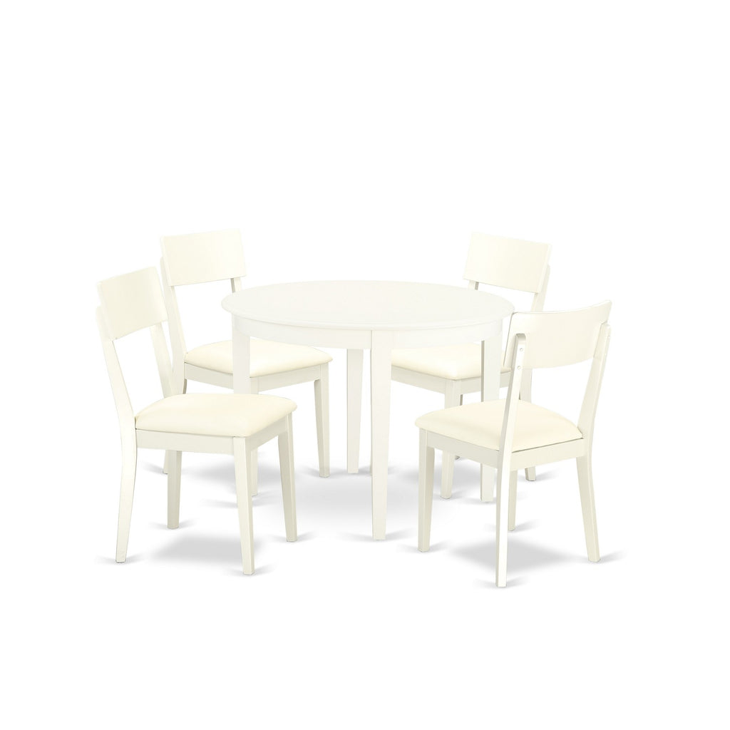 East West Furniture BOAD5-LWH-LC 5 Piece Dining Room Furniture Set Includes a Round Kitchen Table and 4 Faux Leather Upholstered Dining Chairs, 42x42 Inch, Linen White
