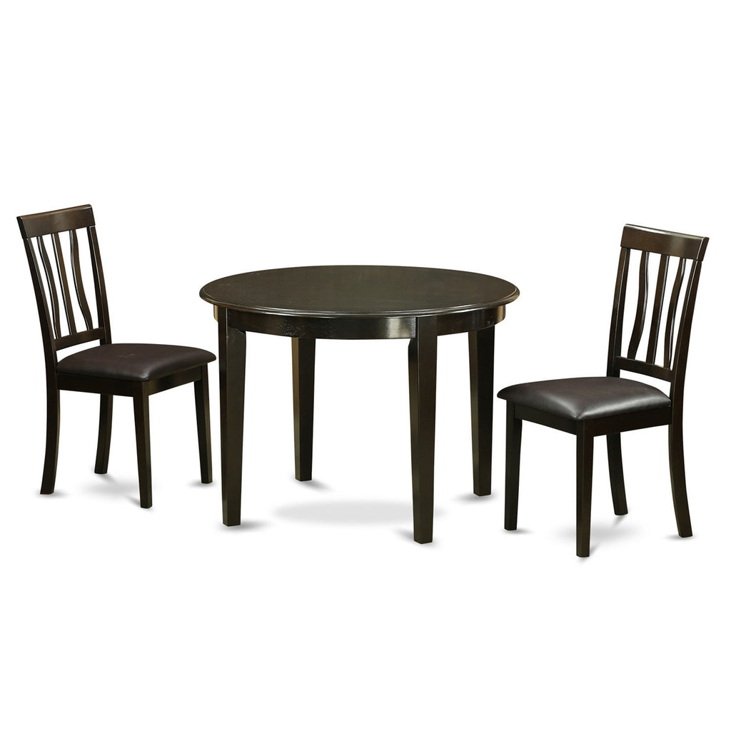 East West Furniture BOAN3-CAP-LC 3 Piece Modern Dining Table Set Contains a Round Kitchen Table and 2 Faux Leather Kitchen Dining Chairs, 42x42 Inch, Cappuccino