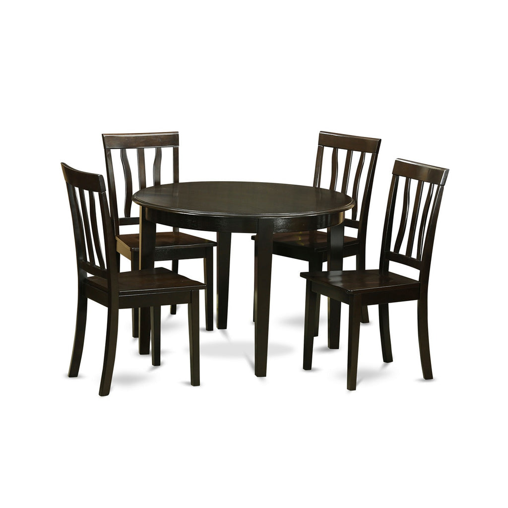 East West Furniture BOAN5-CAP-W 5 Piece Kitchen Table Set for 4 Includes a Round Dining Room Table and 4 Solid Wood Seat Chairs, 42x42 Inch, Cappuccino