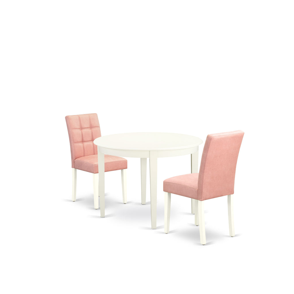 East West Furniture BOAS3-WHI-42 3 Piece Dining Table Set contain A Dining Table and 2 Beige Red Faux Leather Dinner Chairs with Stylish Back- Linen White Finish