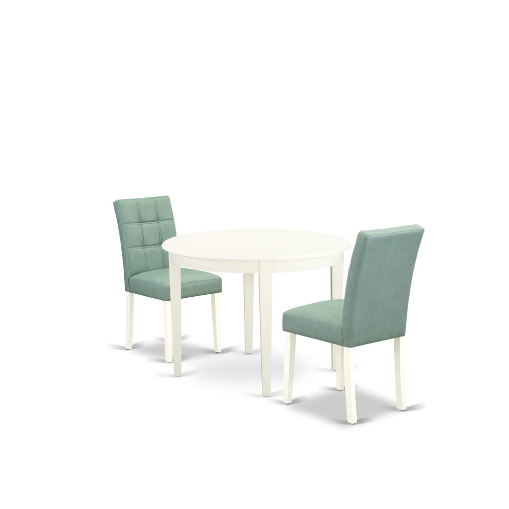 East West Furniture BOAS3-WHI-43 3 Piece Kitchen Table Set consists A Dining Room Table and 2 Willow Green Faux Leather Kitchen Chairs, Linen White