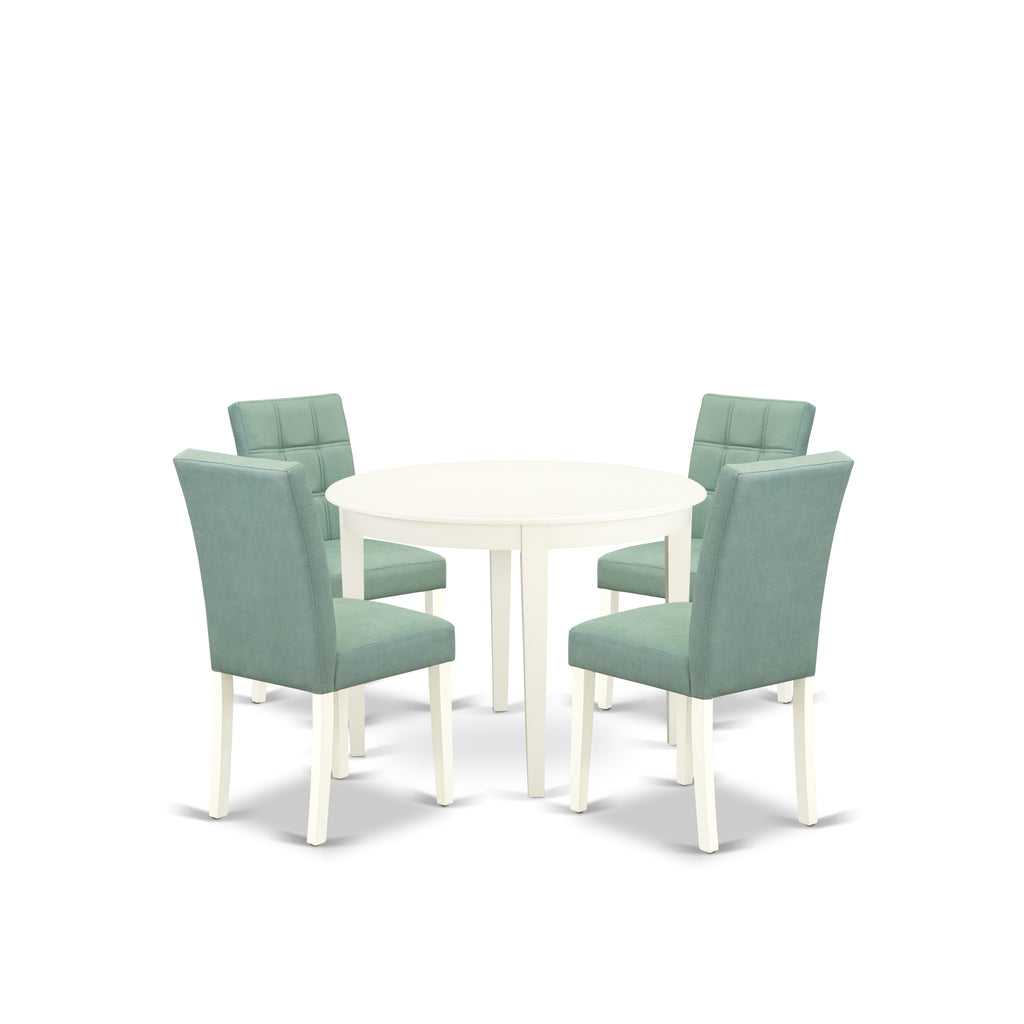 East West Furniture BOAS5-WHI-43 5 Piece Dining Set Includes A Dinning Table and 4 Willow Green Faux Leather Mid Century Modern Chairs, Linen White