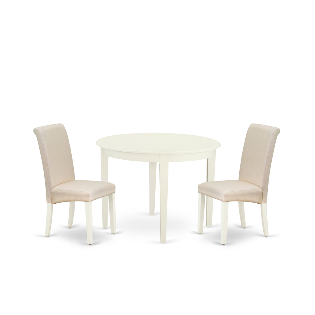 East West Furniture BOBA3-WHI-01 3 Piece Kitchen Table & Chairs Set Contains a Round Dining Room Table and 2 Cream Linen Fabric Upholstered Parson Chairs, 42x42 Inch, Linen White