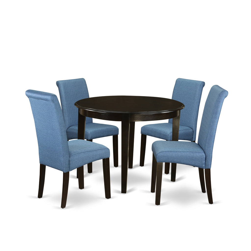 East West Furniture BOBA5-CAP-21 5 Piece Kitchen Table & Chairs Set Includes a Round Dining Room Table and 4 Blue Color Linen Fabric Parsons Dinette Chairs, 42x42 Inch, Cappuccino