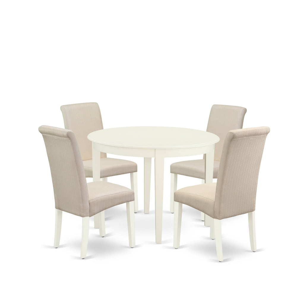 East West Furniture BOBA5-WHI-01 5 Piece Modern Dining Table Set Includes a Round Kitchen Table and 4 Cream Linen Fabric Parsons Dining Chairs, 42x42 Inch, Linen White