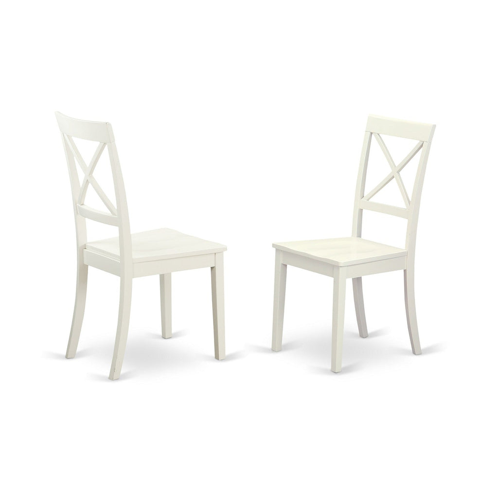 East West Furniture AMBO3-LWH-W 3 Piece Kitchen Table & Chairs Set Contains a Round Dining Room Table with Pedestal and 2 Solid Wood Seat Chairs, 36x36 Inch, Linen White