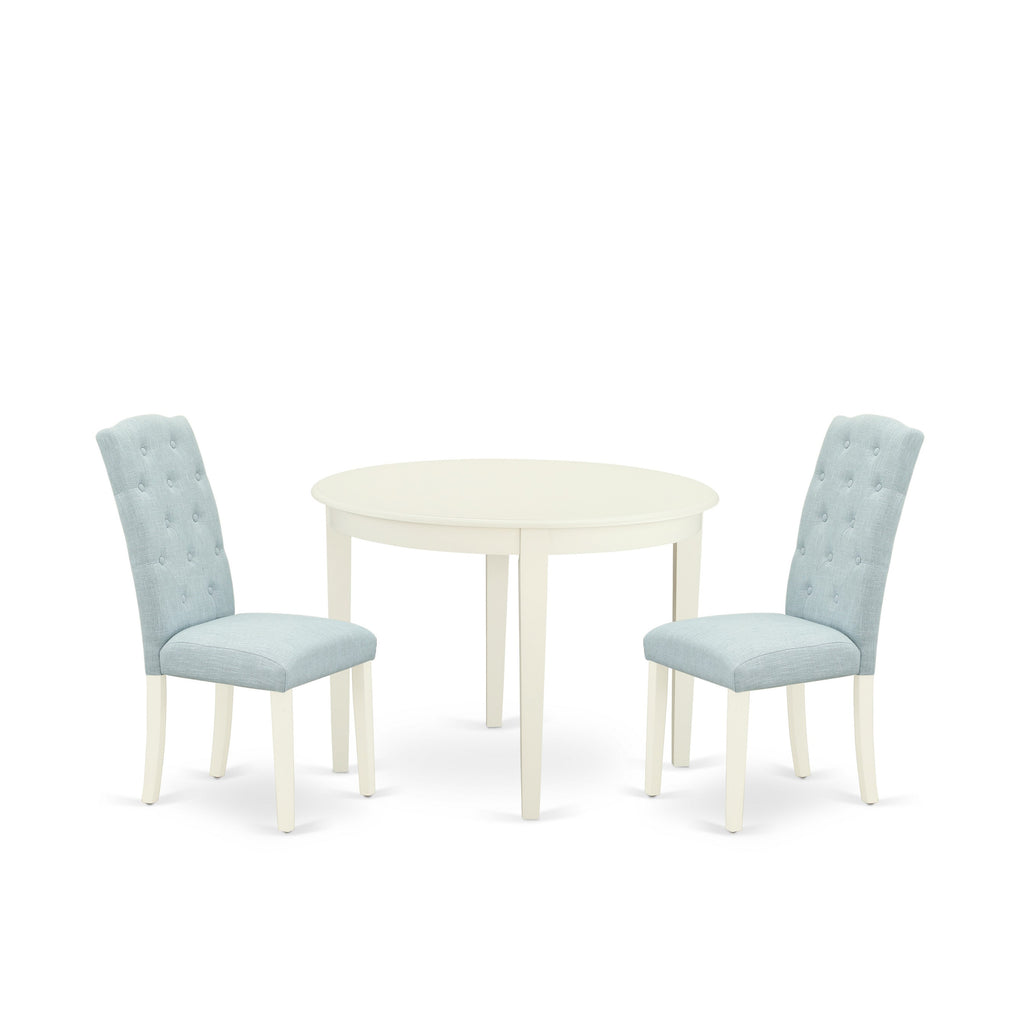 East West Furniture BOCE3-WHI-15 3 Piece Dining Table Set for Small Spaces Contains a Round Kitchen Table and 2 Baby Blue Linen Fabric Parson Dining Room Chairs, 42x42 Inch, Linen White