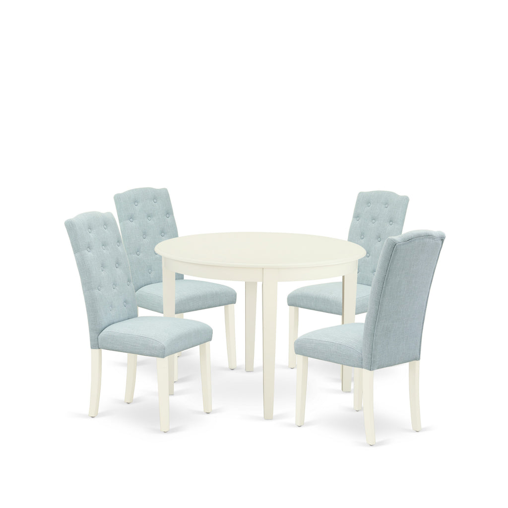 East West Furniture BOCE5-WHI-15 5 Piece Modern Dining Table Set Includes a Round Kitchen Table and 4 Baby Blue Linen Fabric Upholstered Parson Chairs, 42x42 Inch, Linen White